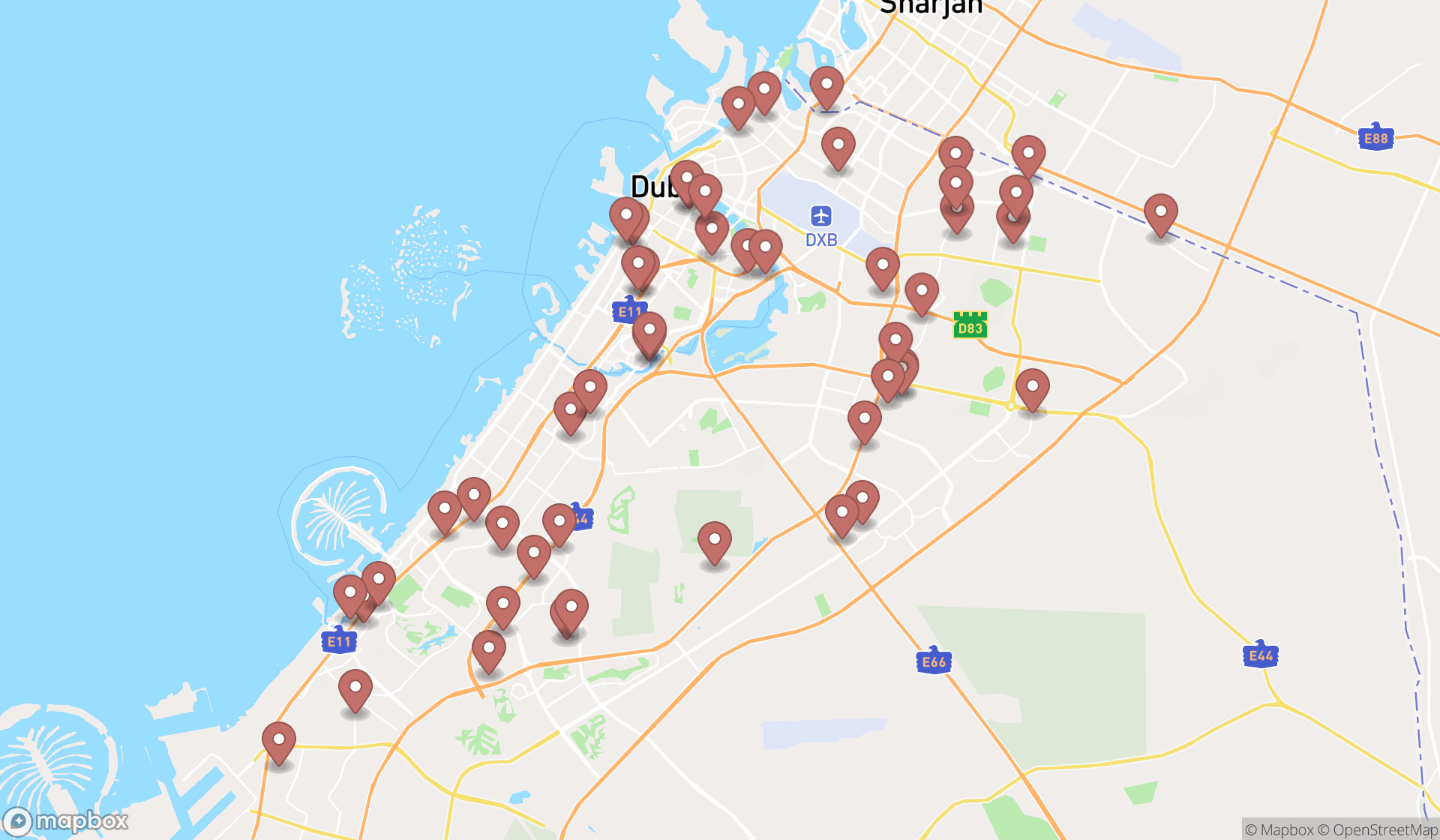 Map showing the search results in Dubai