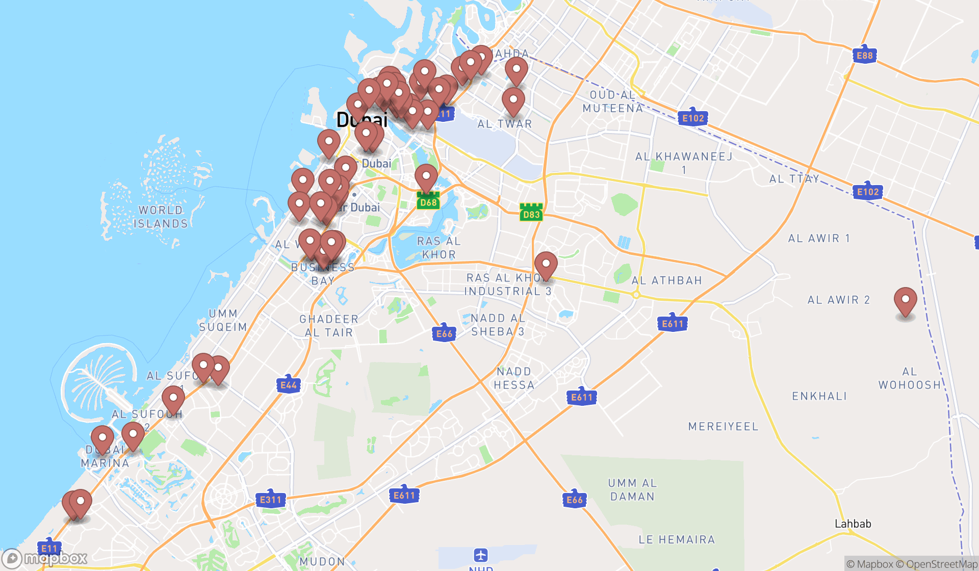 Map showing the search results in Dubai