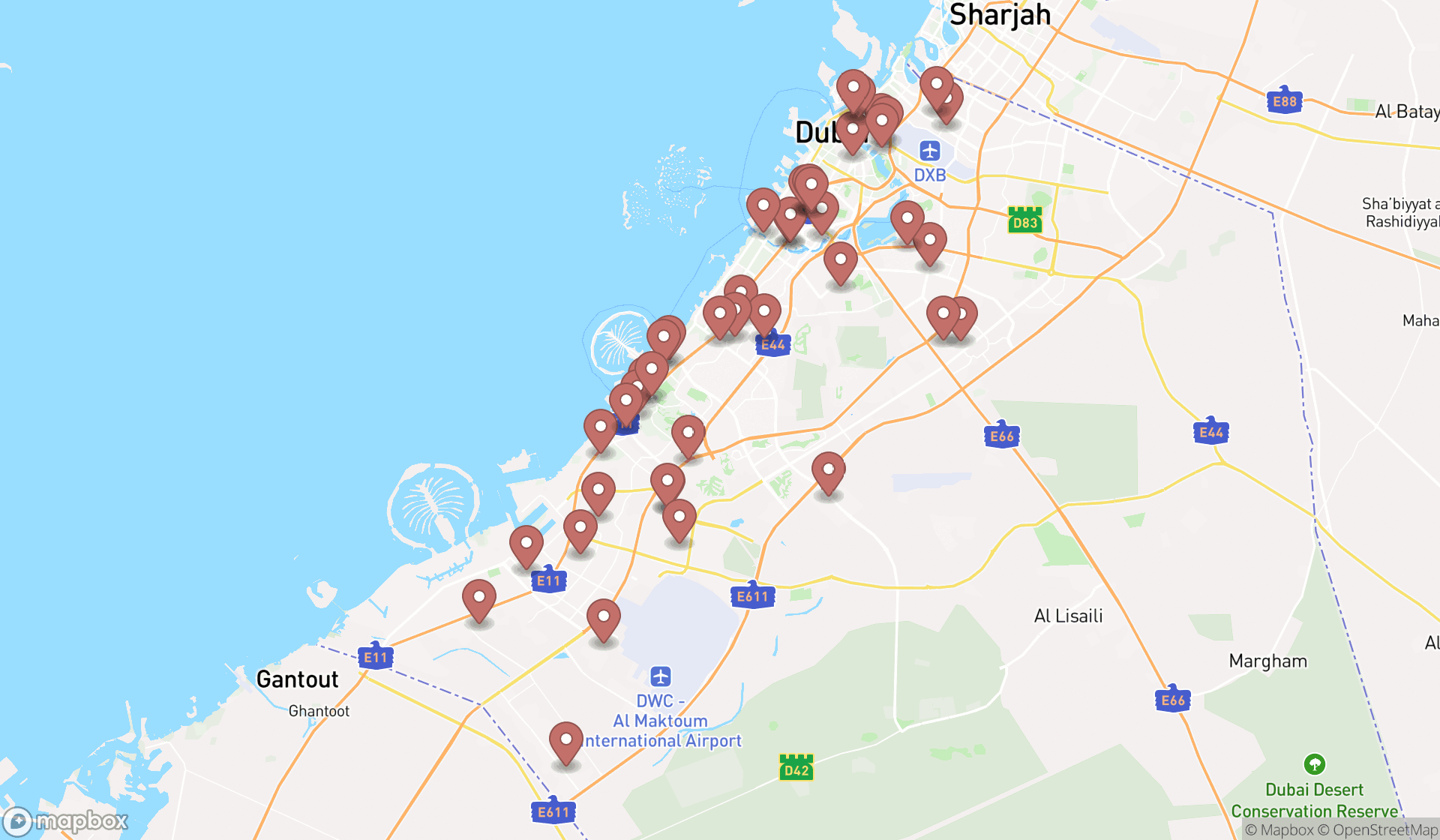 Map showing the search results in Dubai