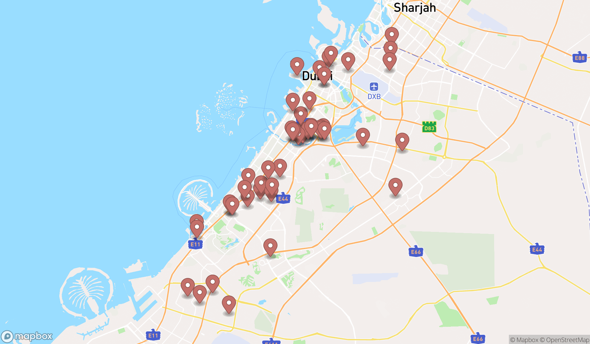 Map showing the search results in Dubai