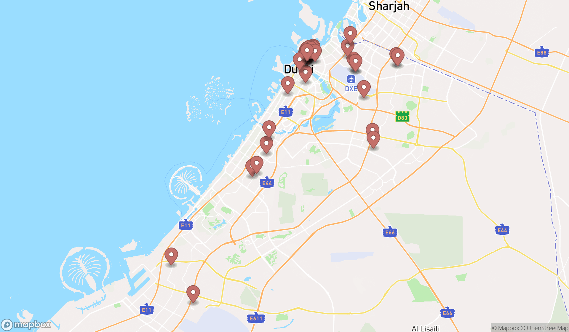 Map showing the search results in Dubai