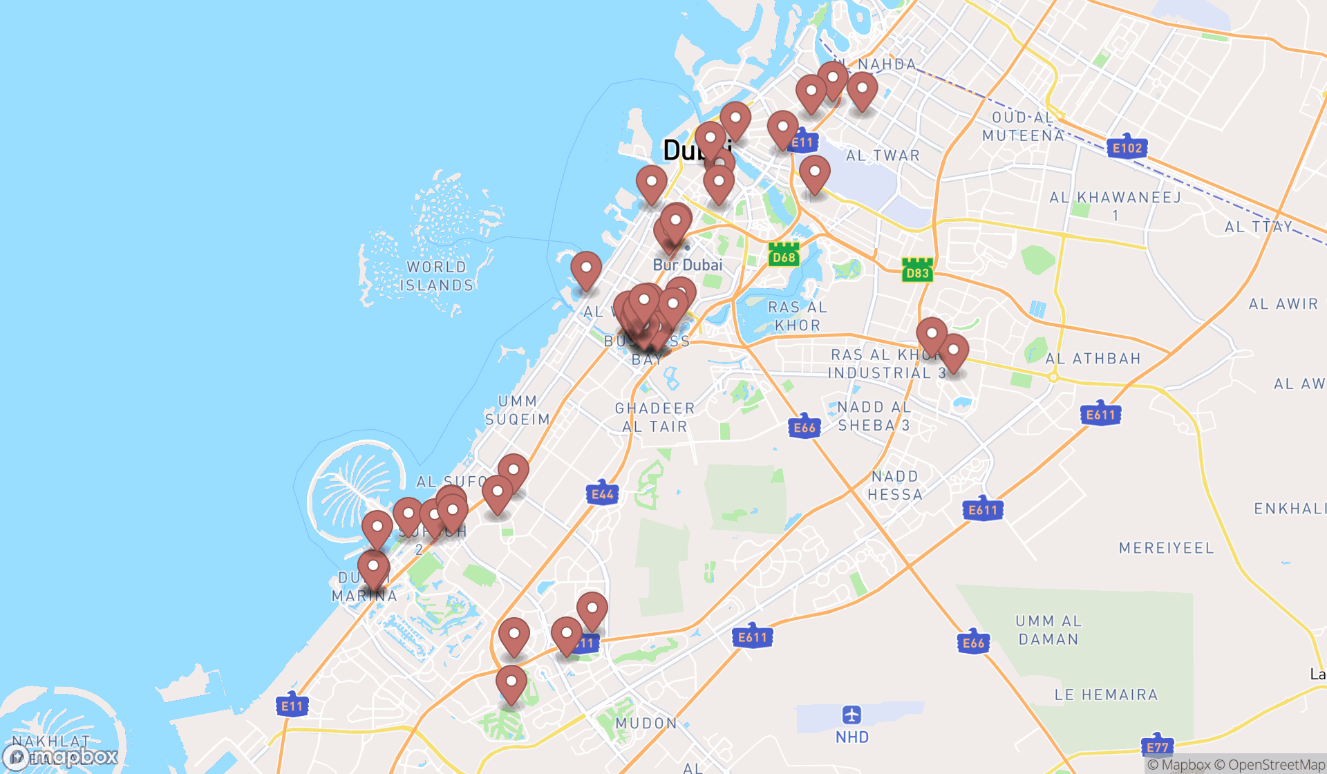 Map showing the search results in Dubai