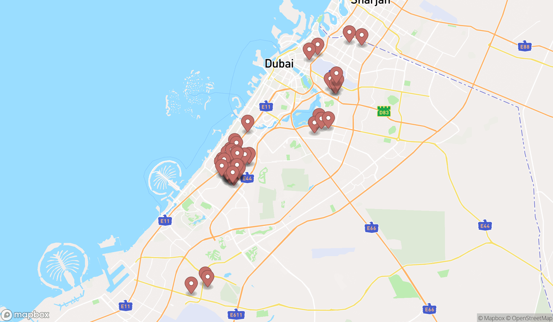 Map showing the search results in Dubai