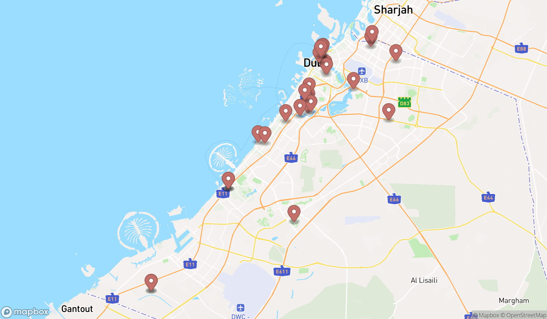 Map showing the search results in Dubai