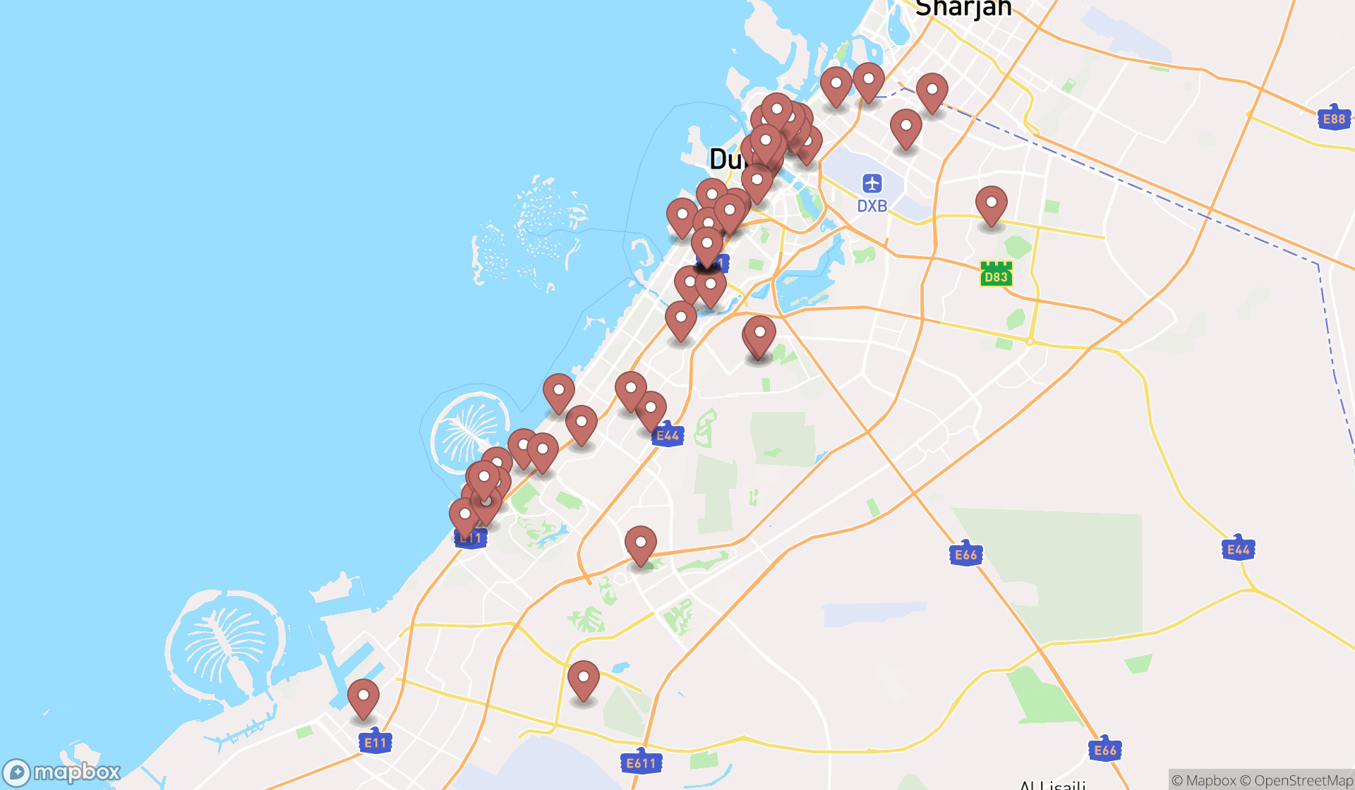 Map showing the search results in Dubai
