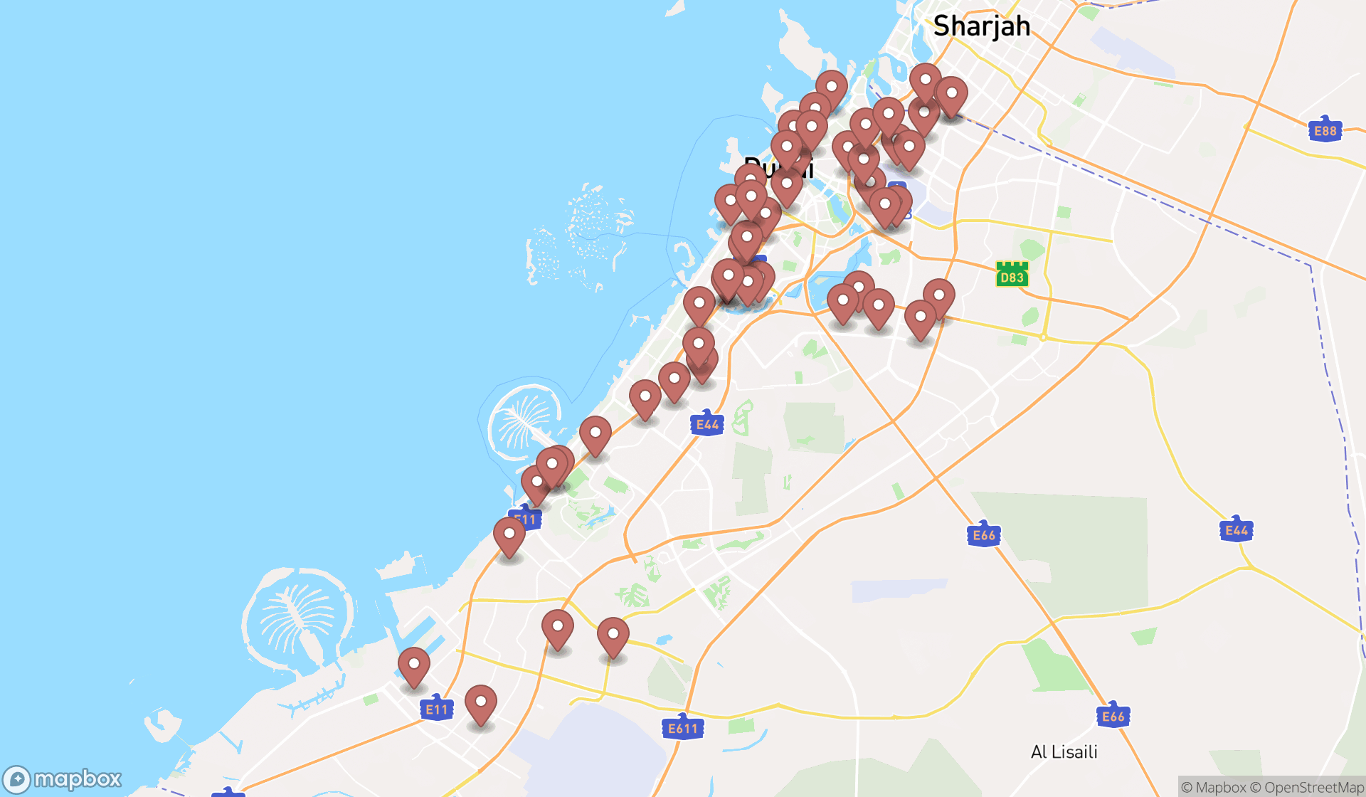 Map showing the search results in Dubai