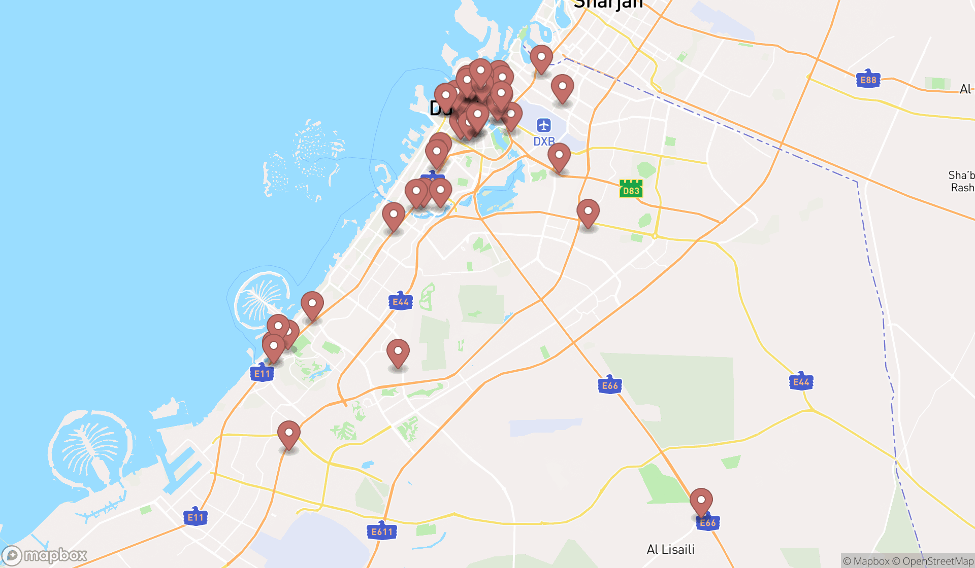 Map showing the search results in Dubai