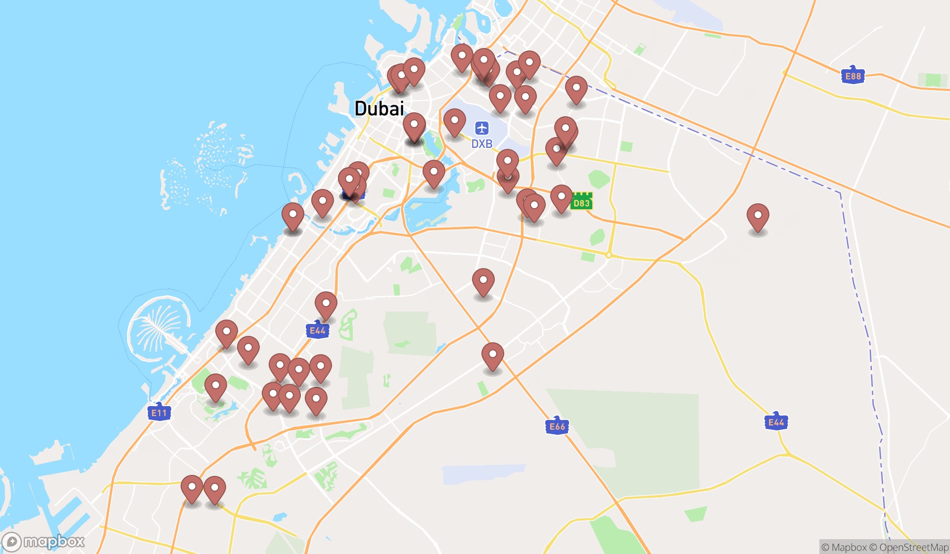 Map showing the search results in Dubai