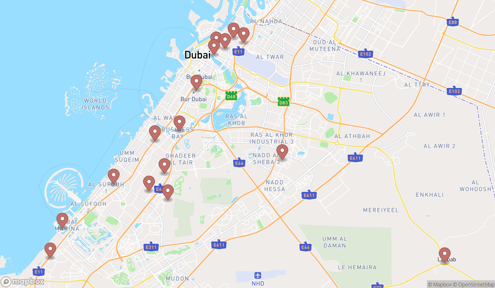 Map showing the search results in Dubai