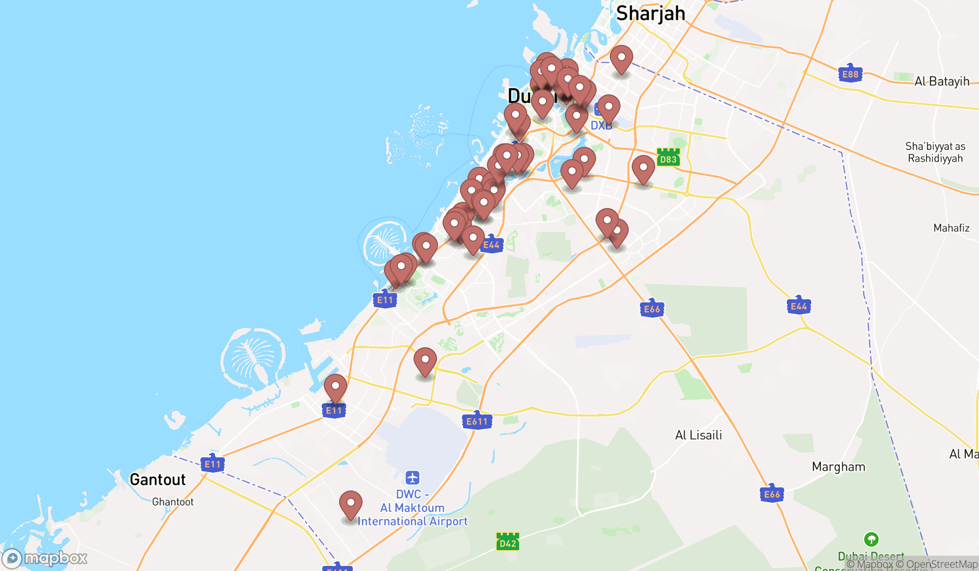 Map showing the search results in Dubai