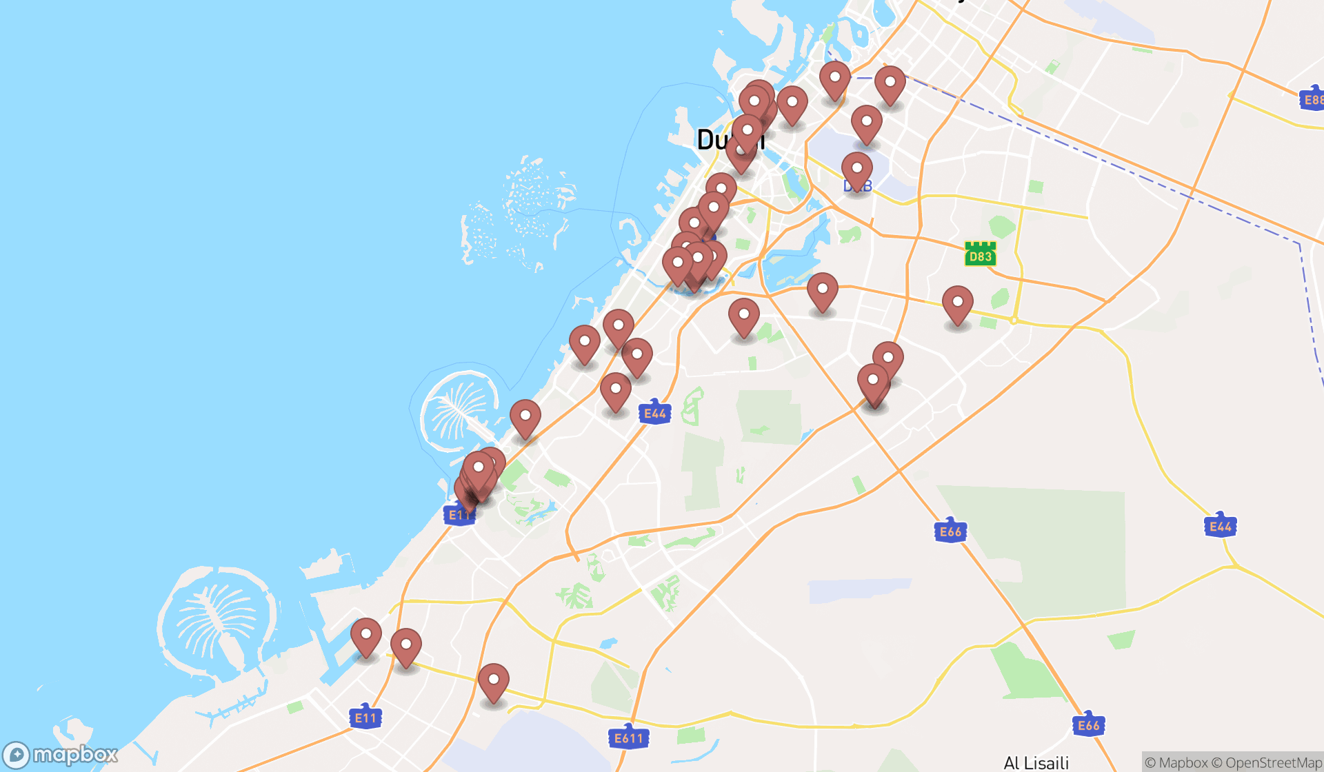 Map showing the search results in Dubai
