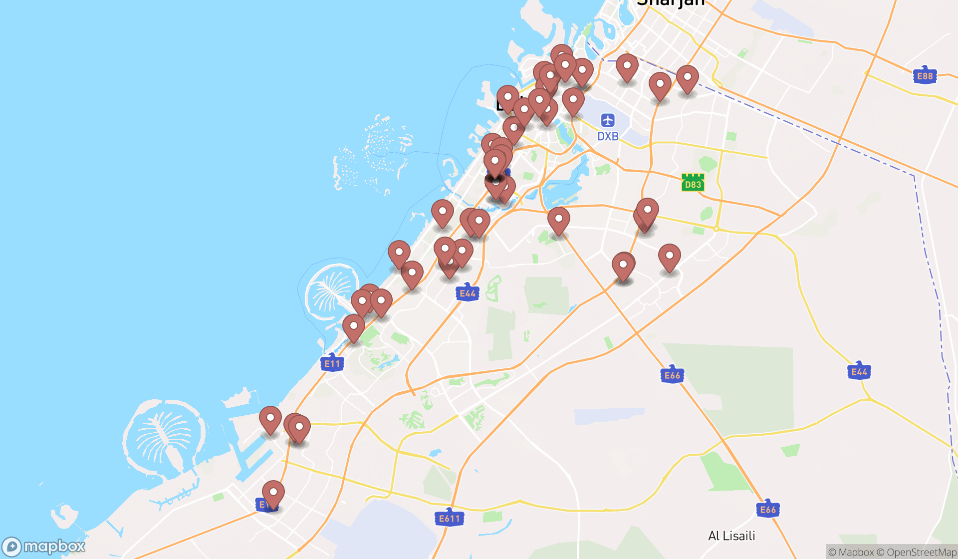 Map showing the search results in Dubai