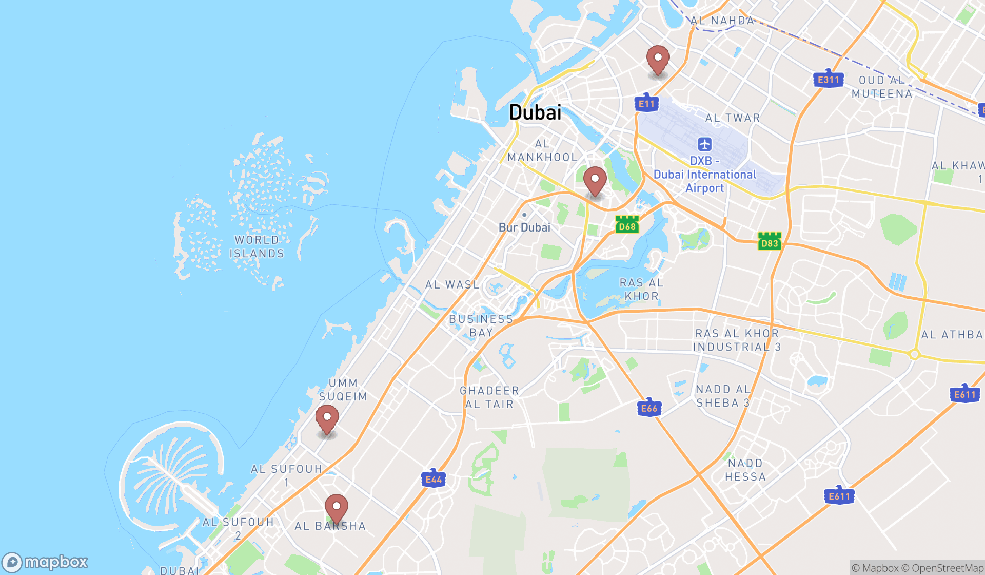 Map showing the search results in Dubai