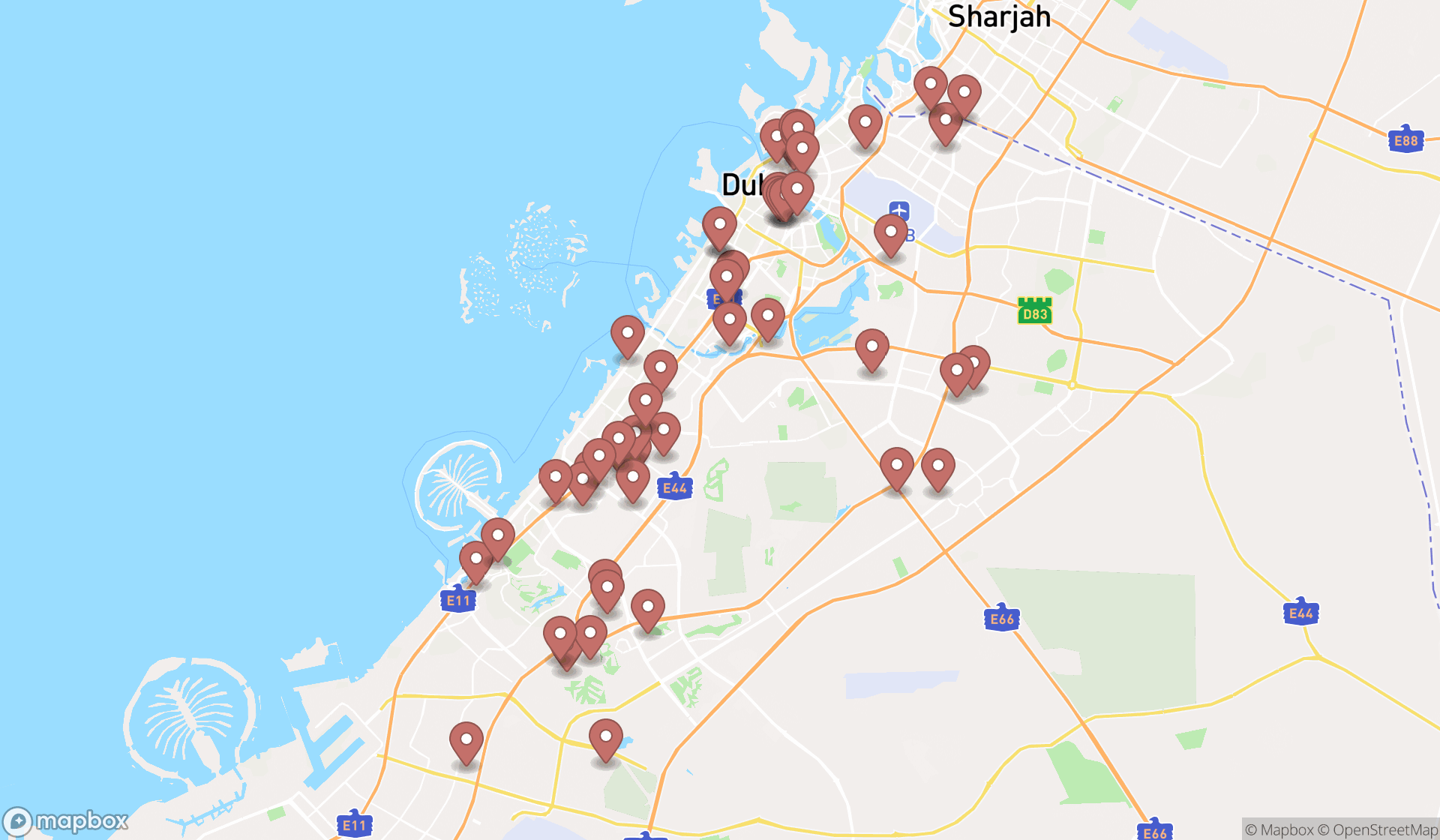 Map showing the search results in Dubai