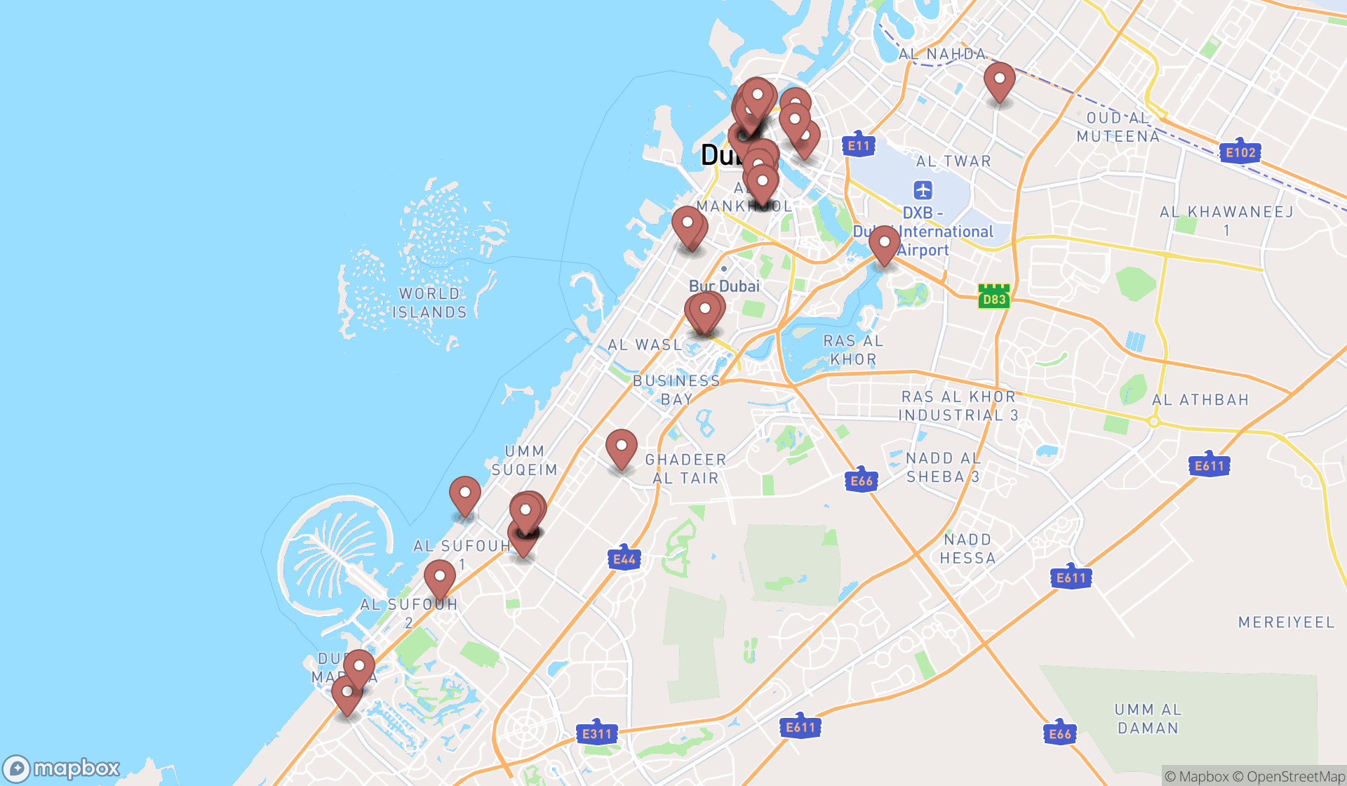 Map showing the search results in Dubai