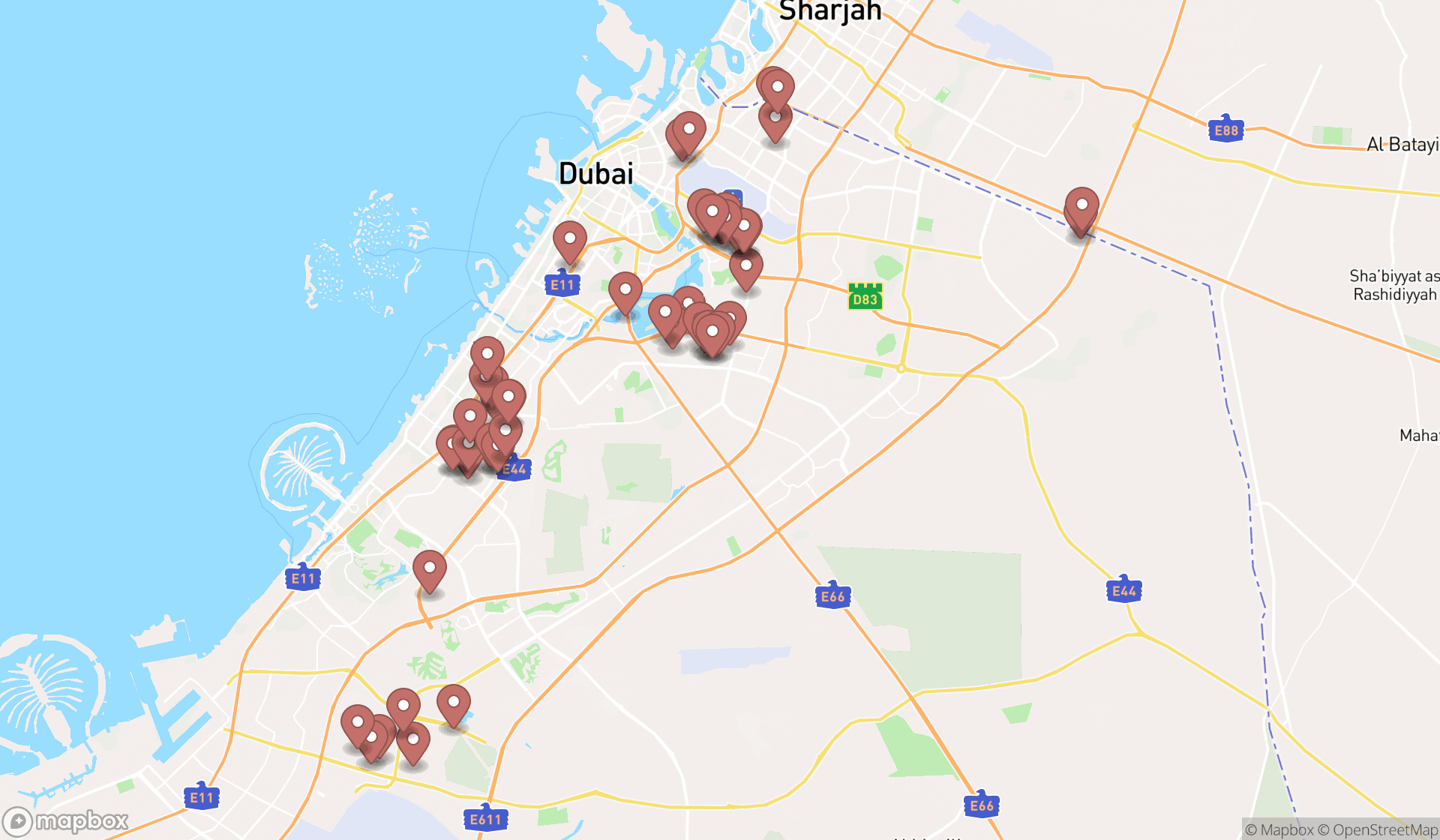 Map showing the search results in Dubai