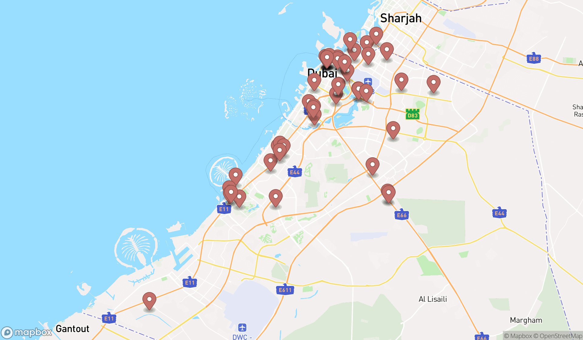 Map showing the search results in Dubai