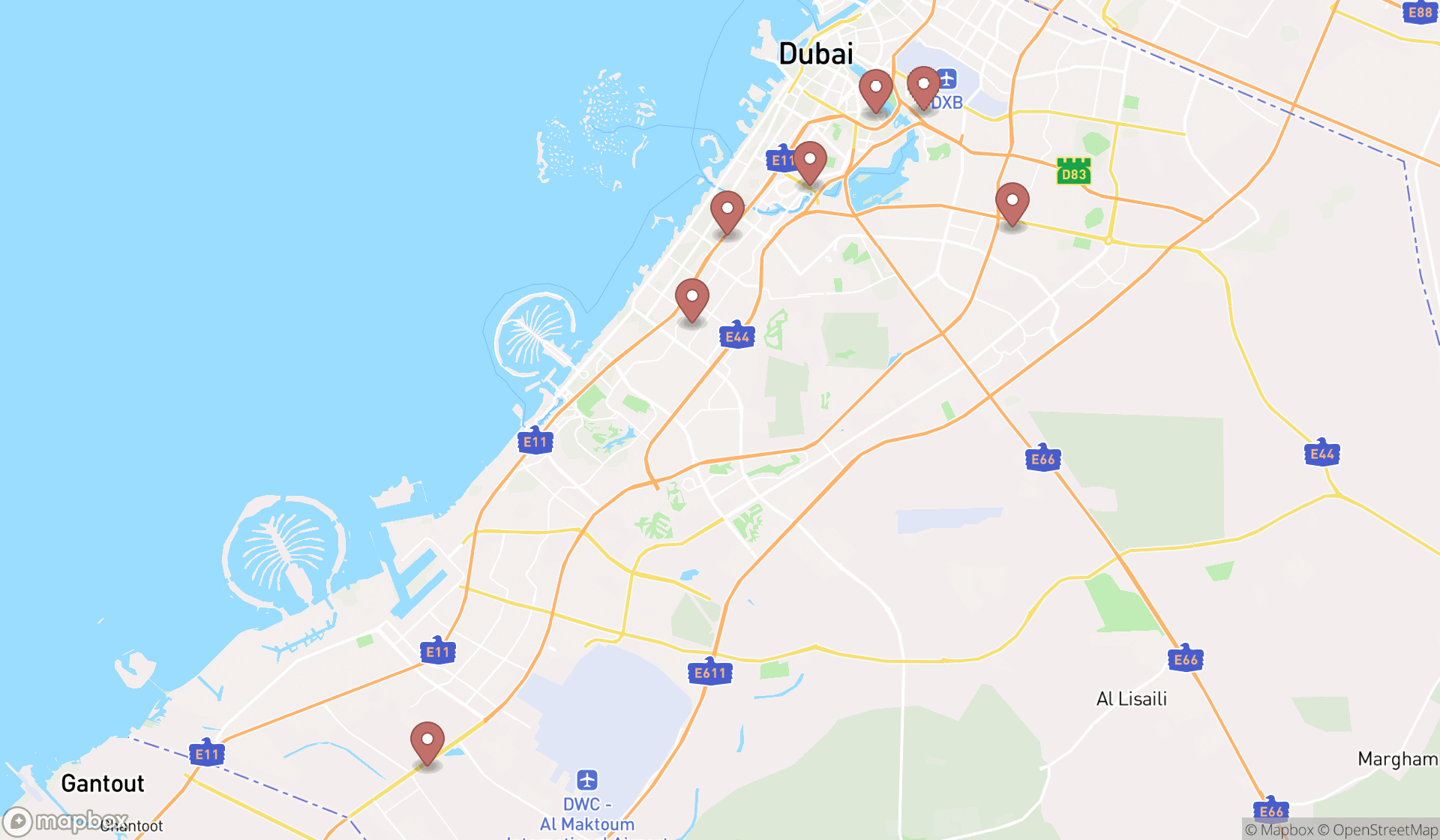 Map showing the search results in Dubai