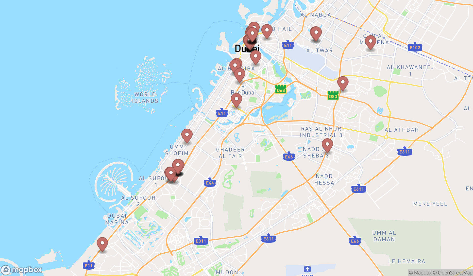 Map showing the search results in Dubai
