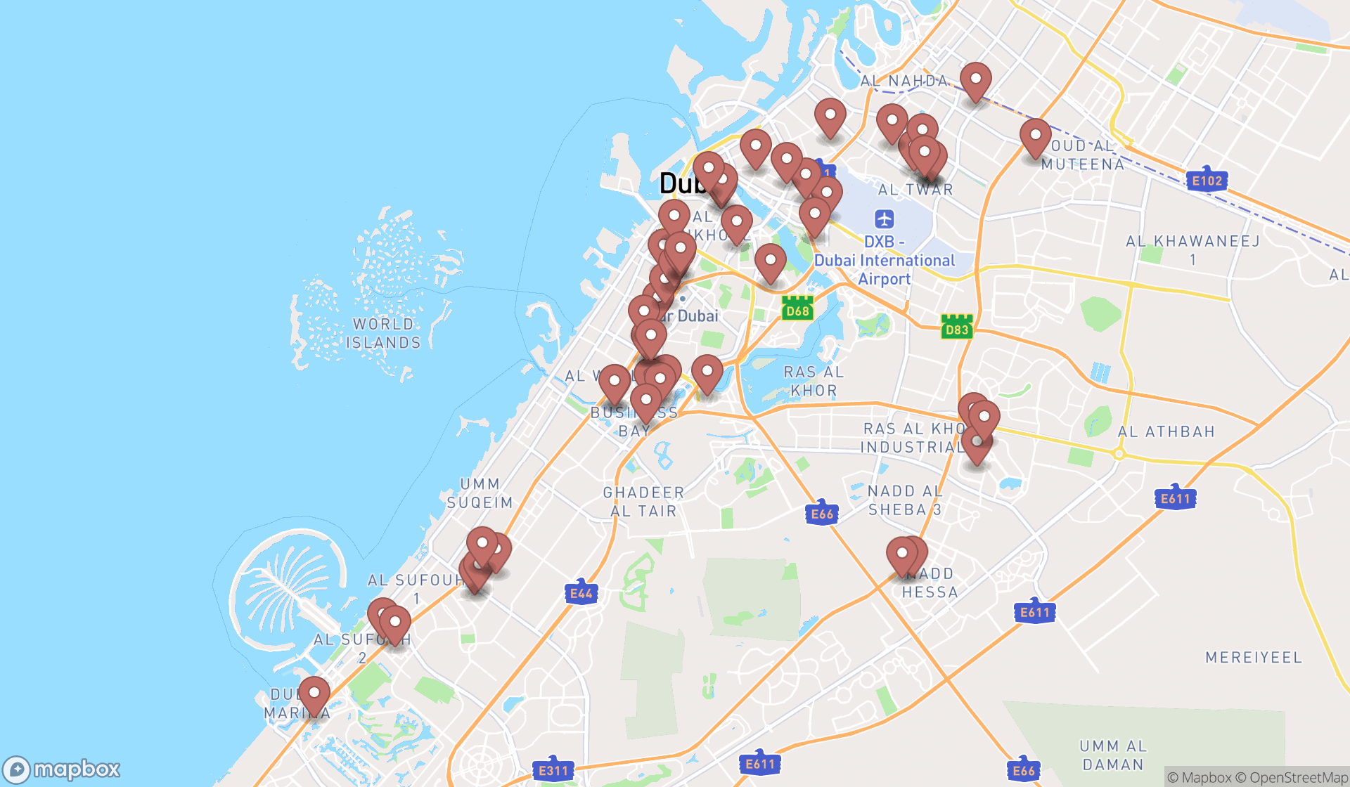 Map showing the search results in Dubai