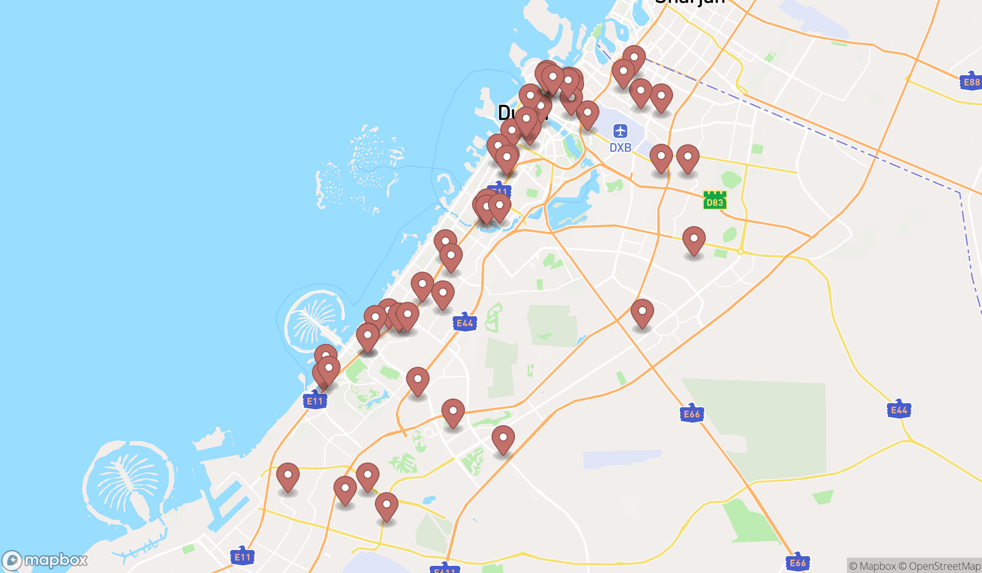 Map showing the search results in Dubai