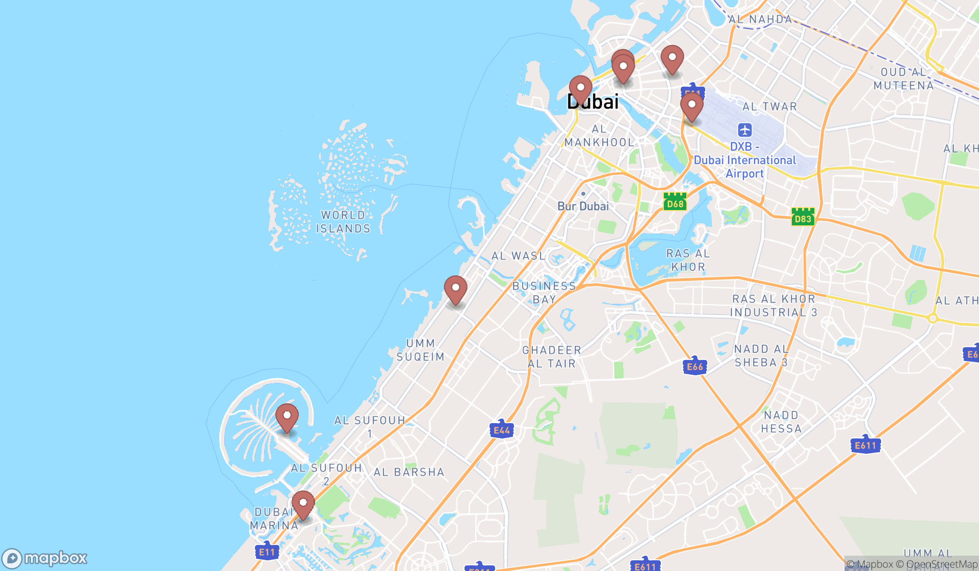 Map showing the search results in Dubai