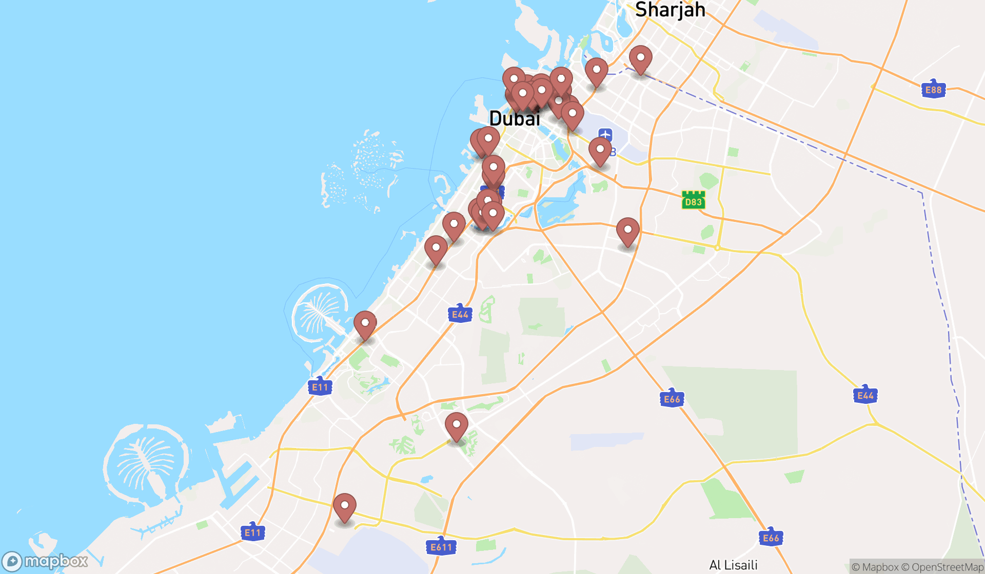 Map showing the search results in Dubai