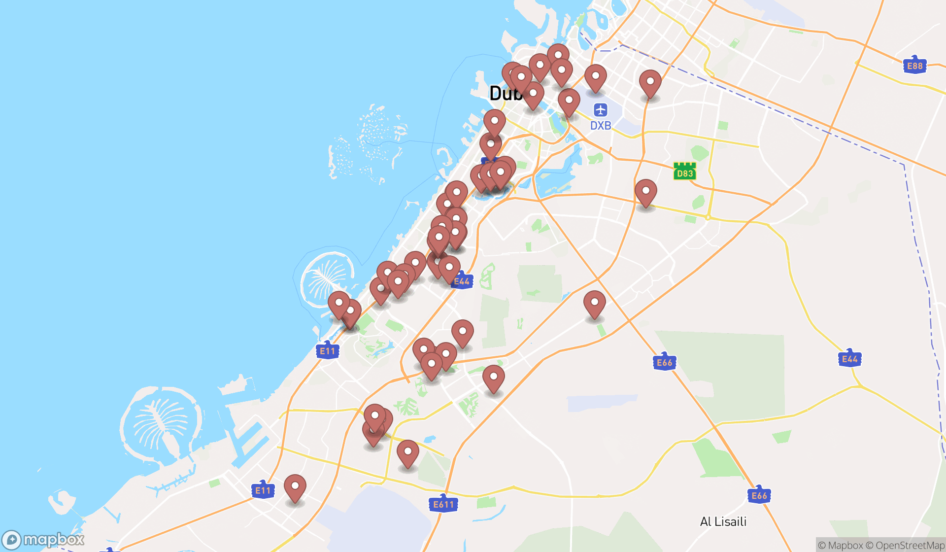 Map showing the search results in Dubai