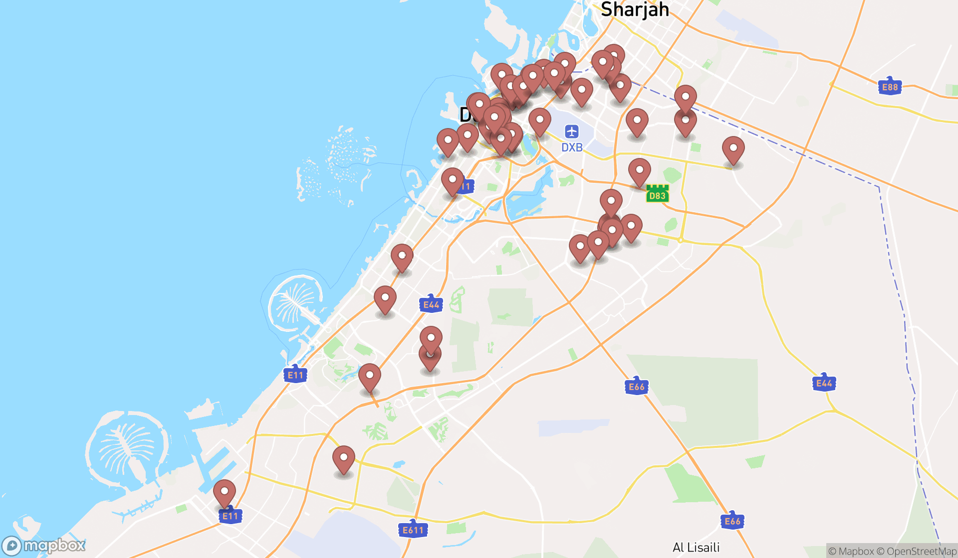 Map showing the search results in Dubai