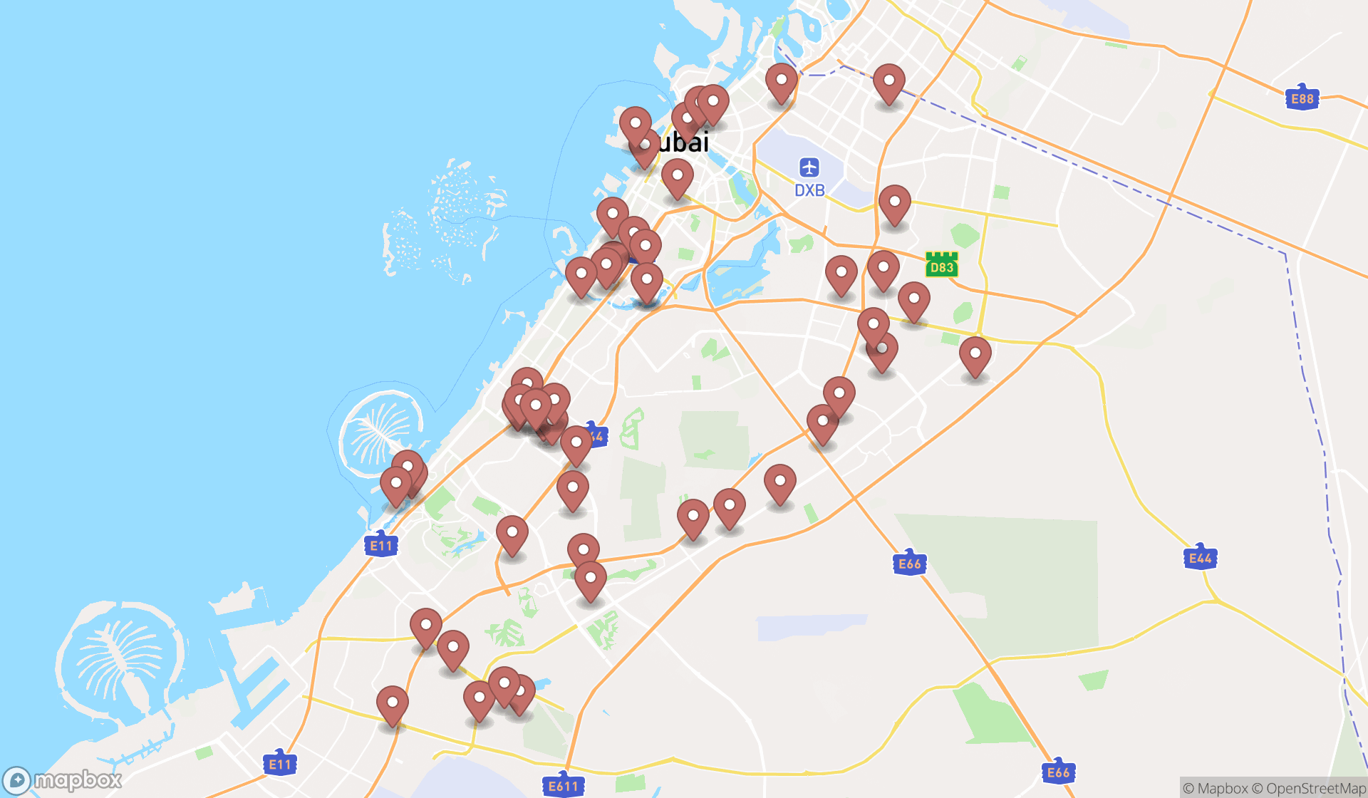 Map showing the search results in Dubai