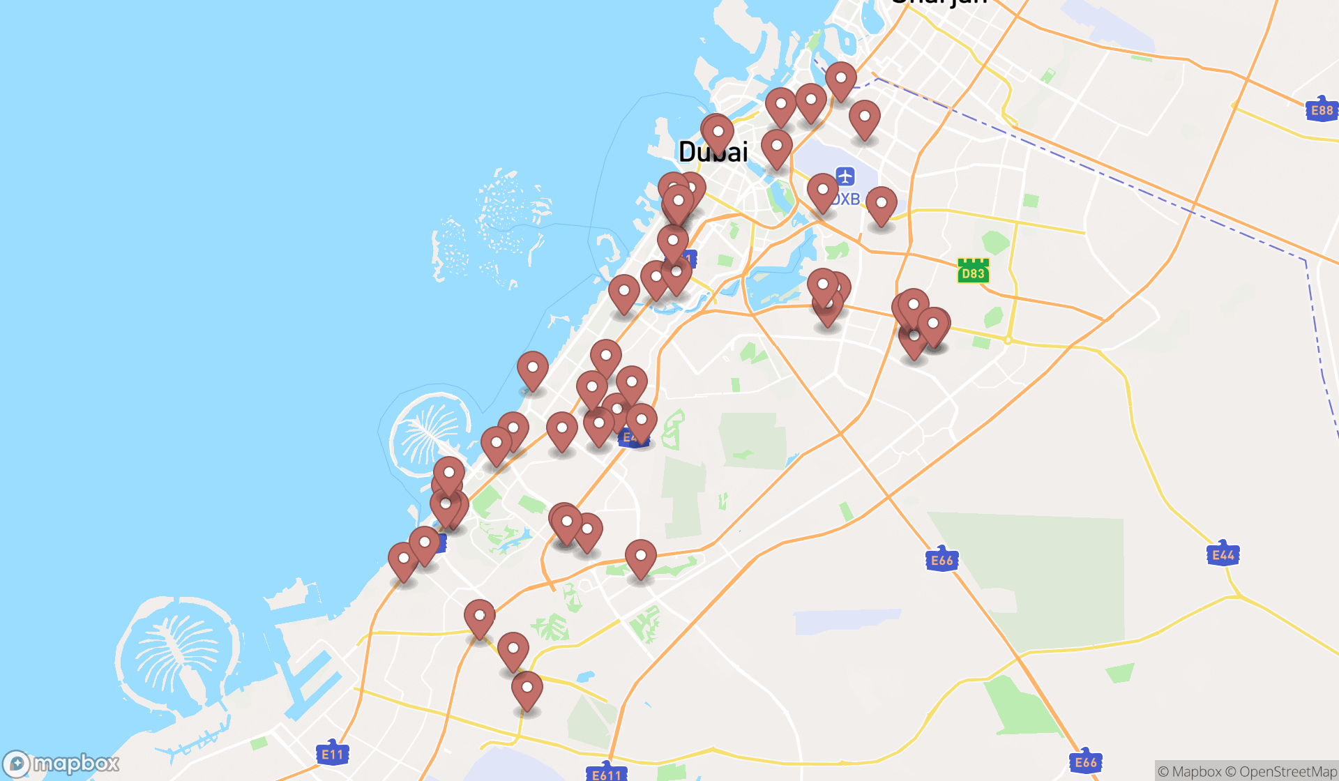 Map showing the search results in Dubai