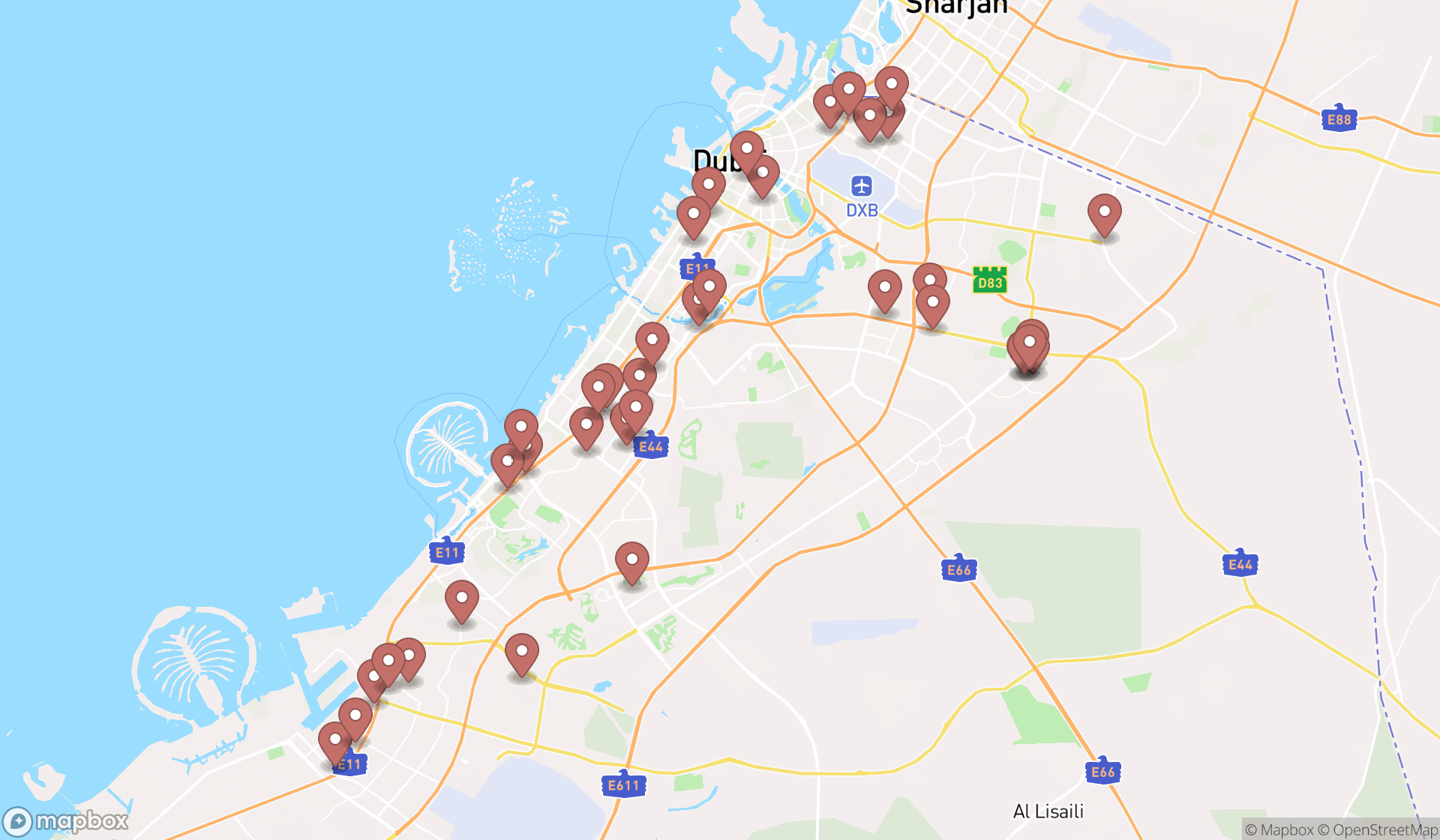 Map showing the search results in Dubai