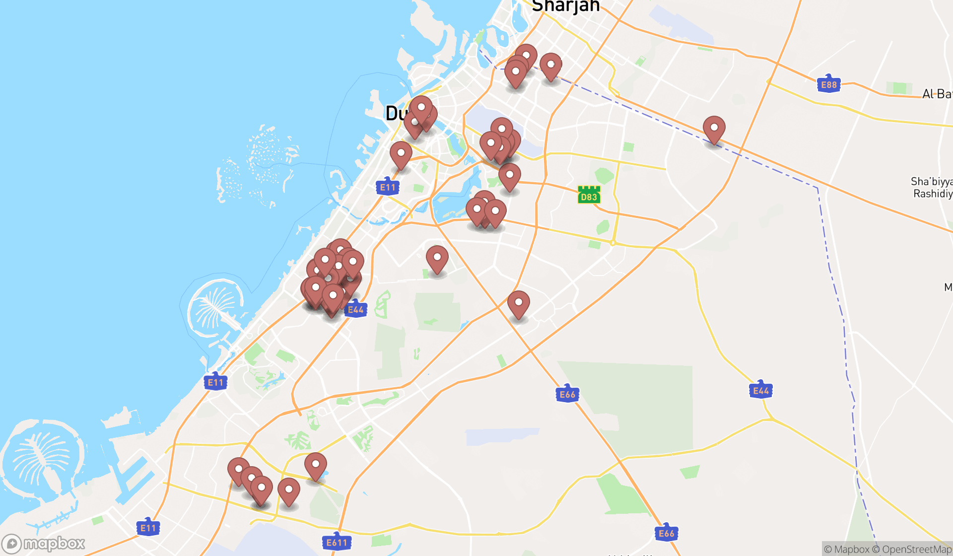 Map showing the search results in Dubai