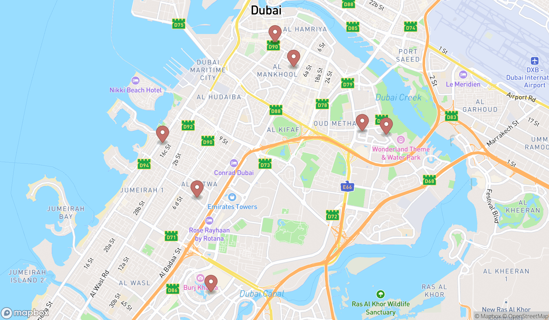 Map showing the search results in Dubai