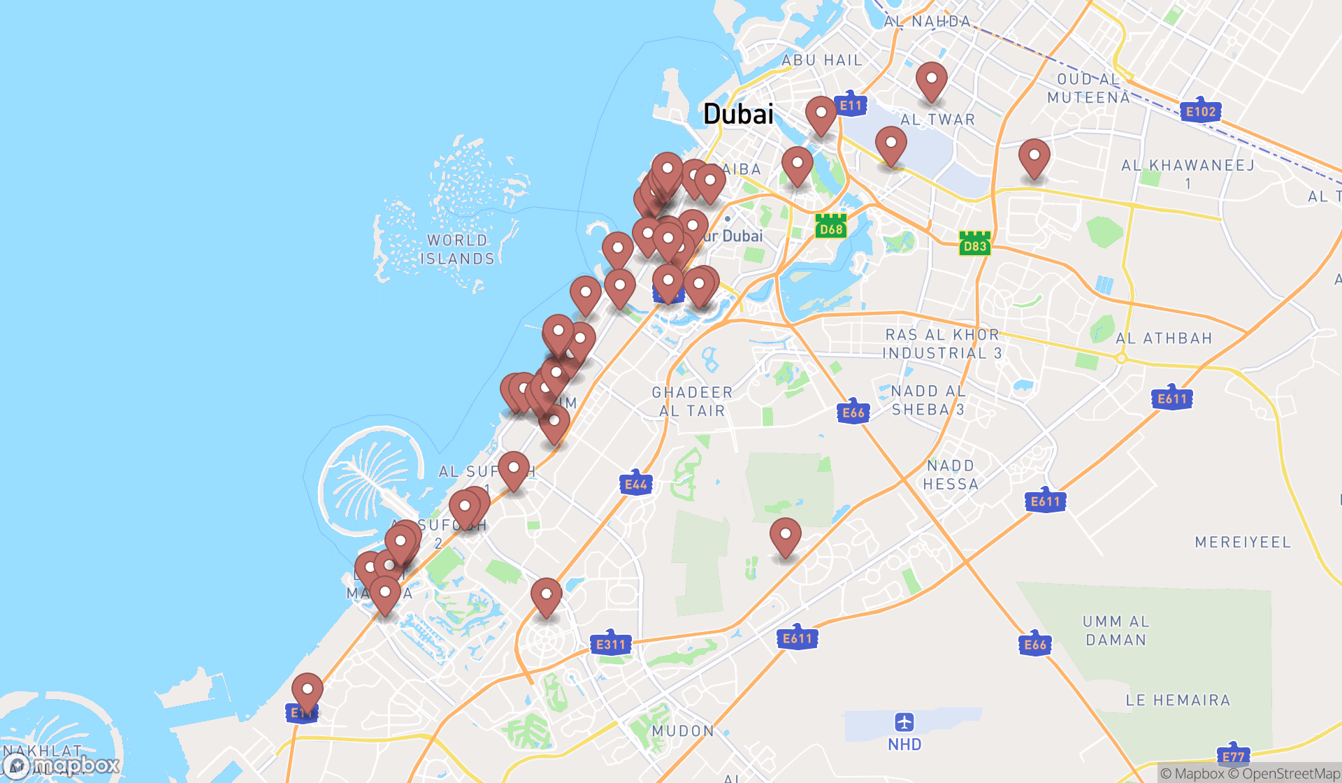 Map showing the search results in Dubai