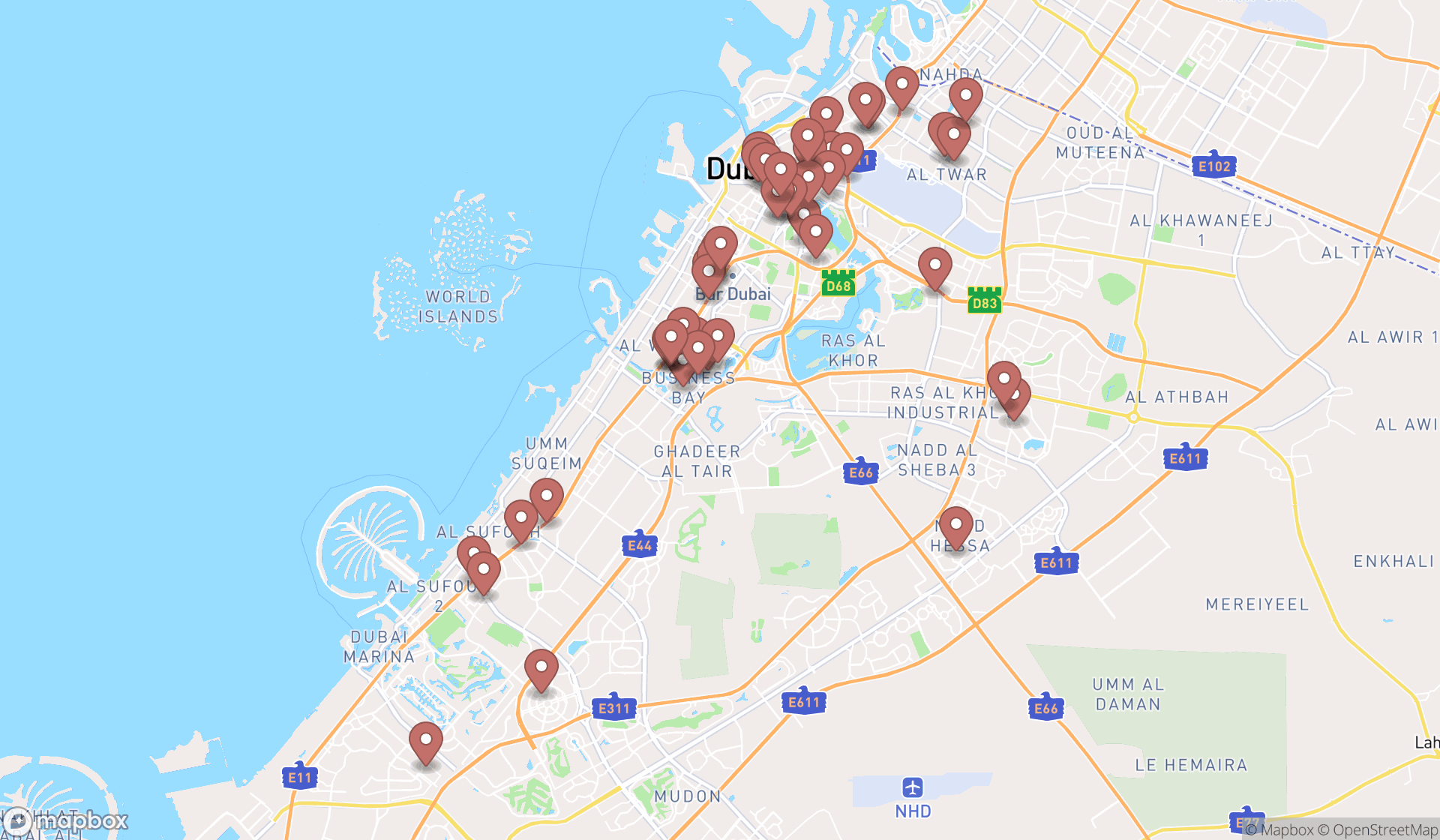 Map showing the search results in Dubai