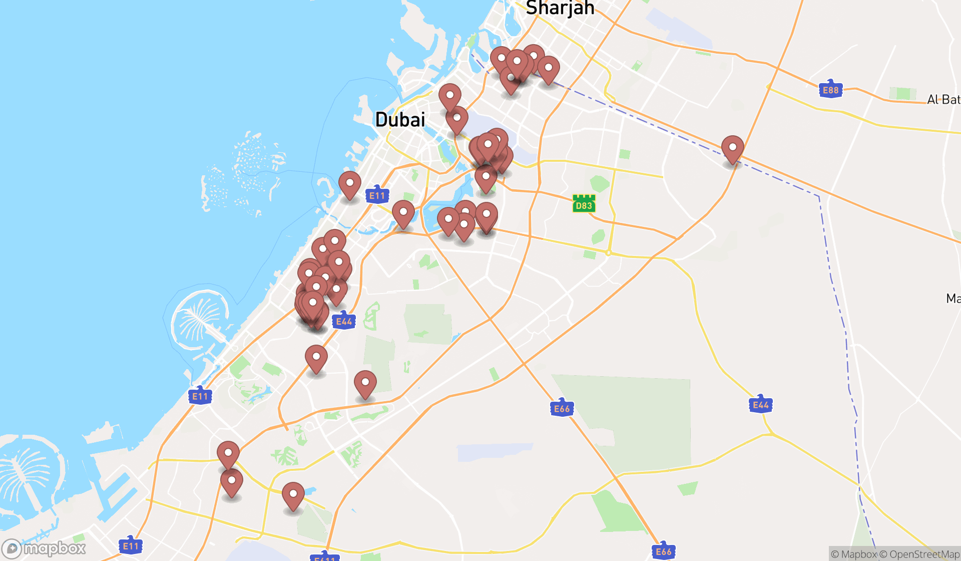 Map showing the search results in Dubai