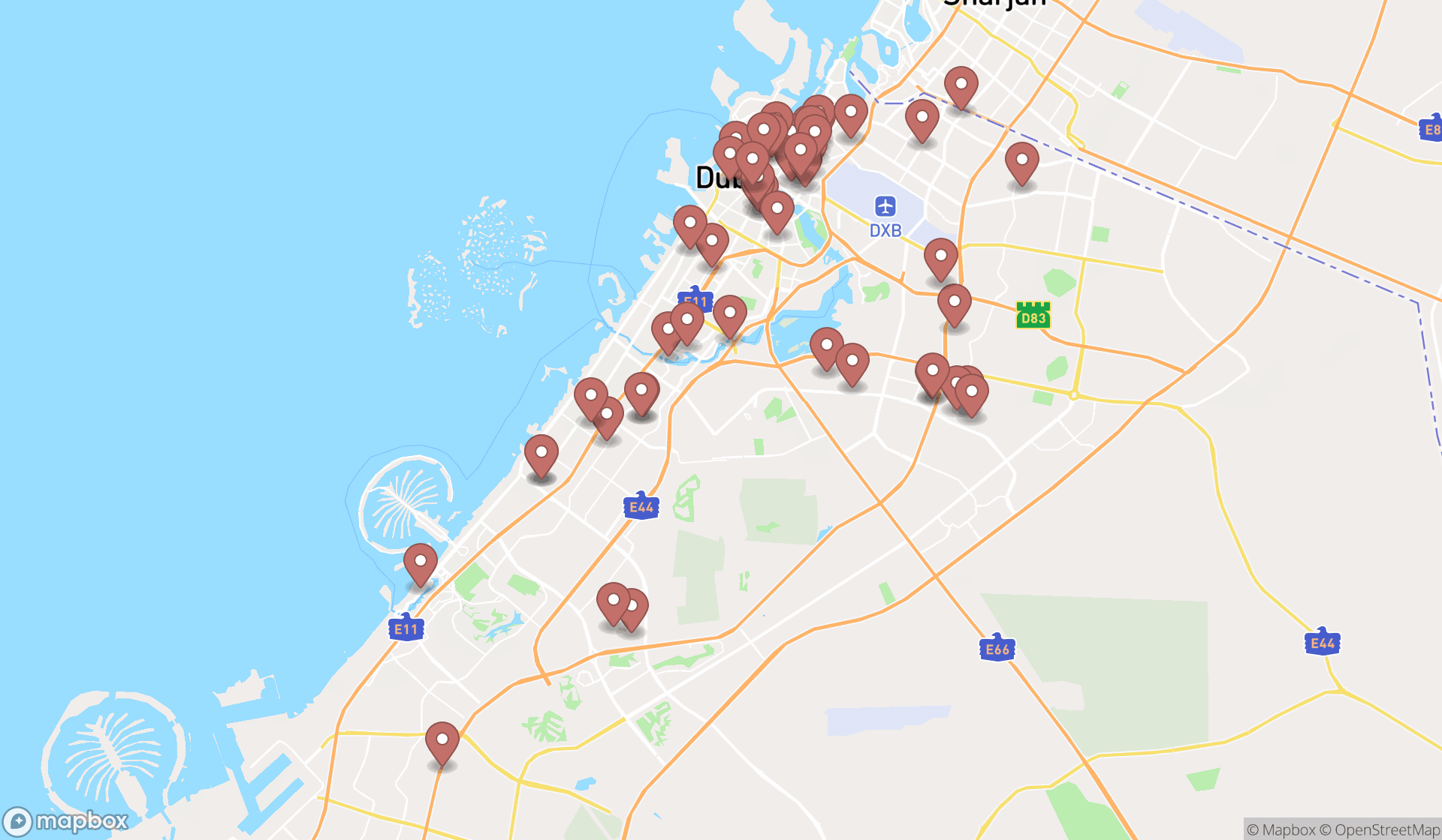 Map showing the search results in Dubai