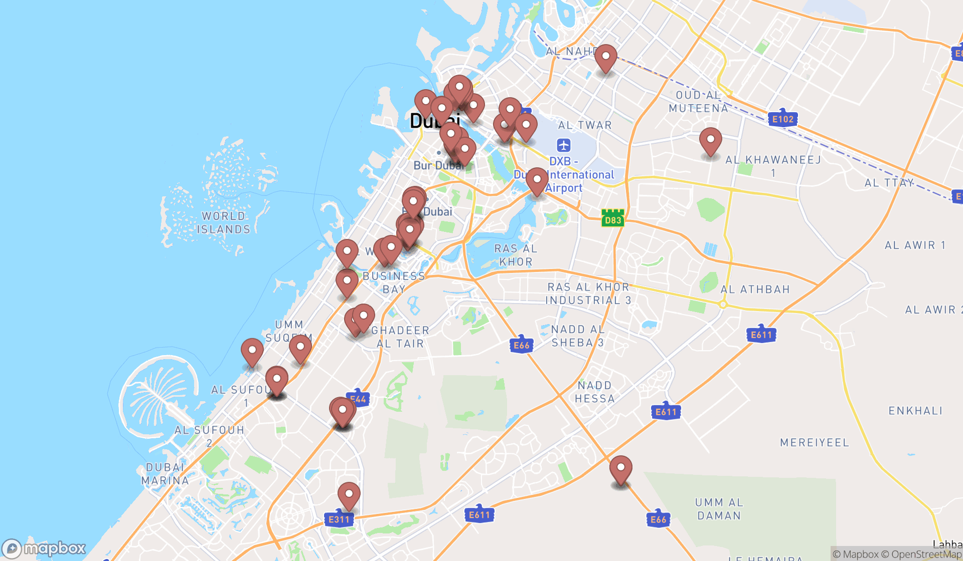 Map showing the search results in Dubai