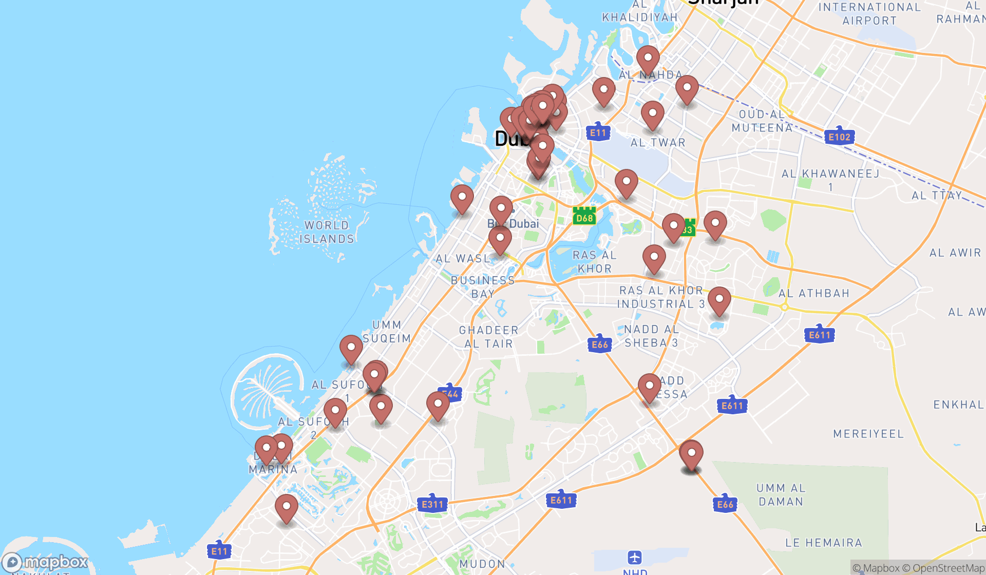 Map showing the search results in Dubai