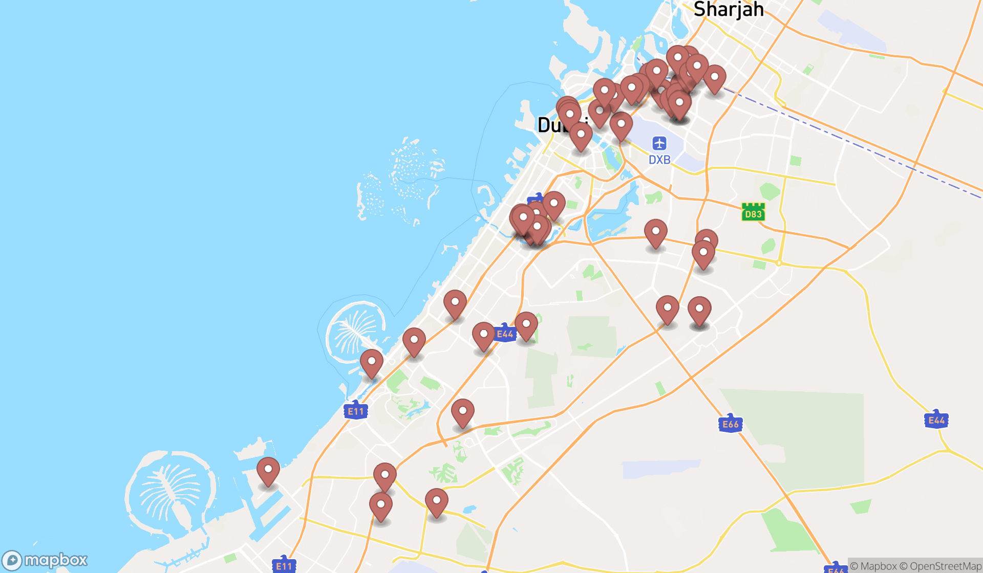 Map showing the search results in Dubai