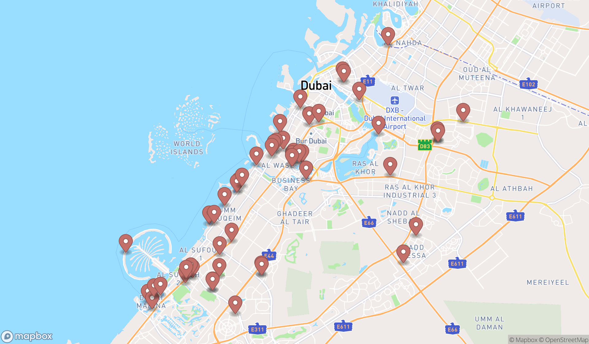 Map showing the search results in Dubai