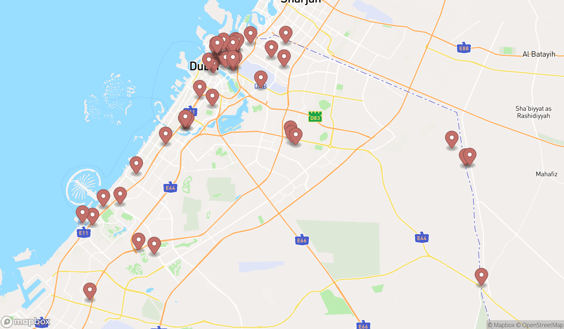 Map showing the search results in Dubai