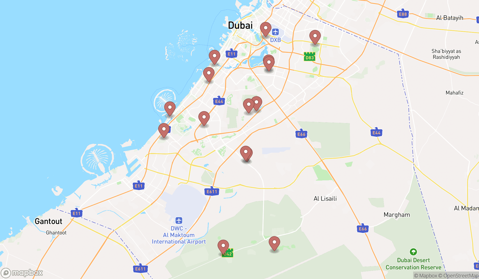 Map showing the search results in Dubai