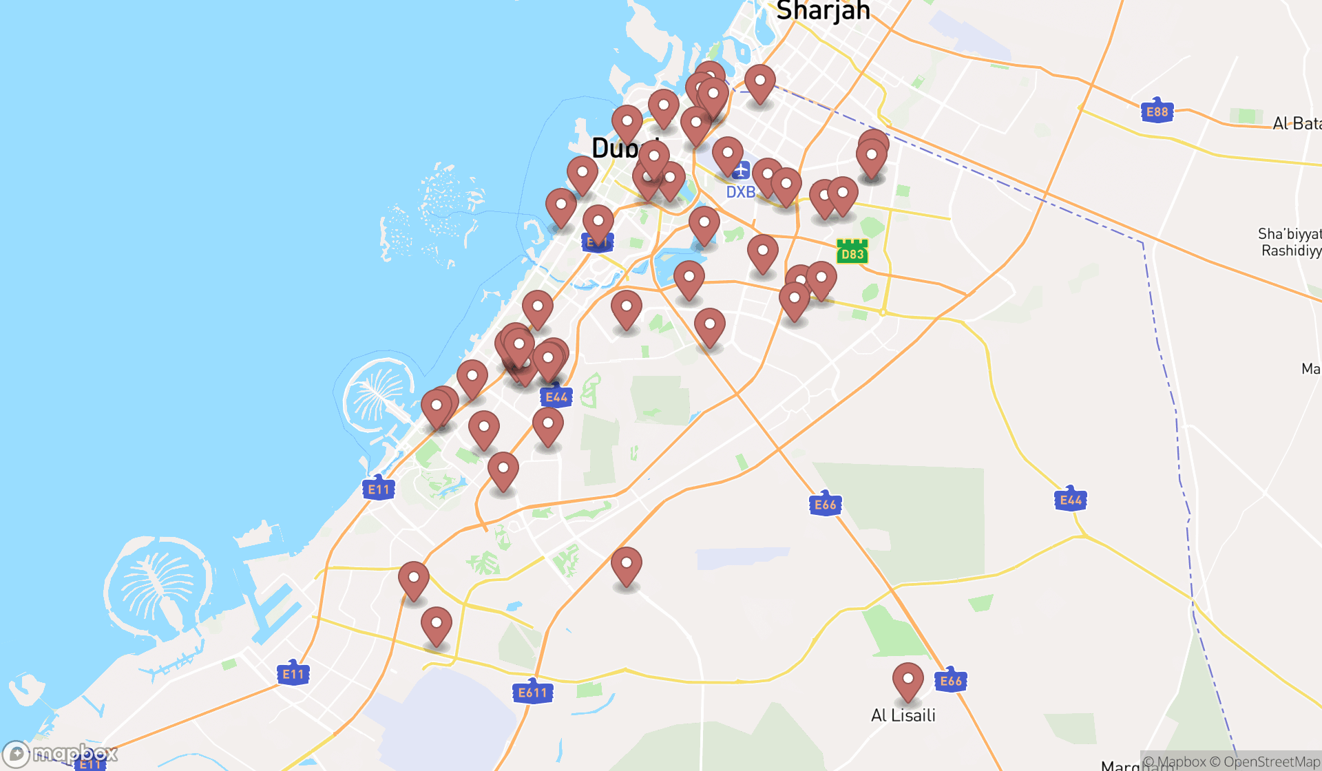 Map showing the search results in Dubai