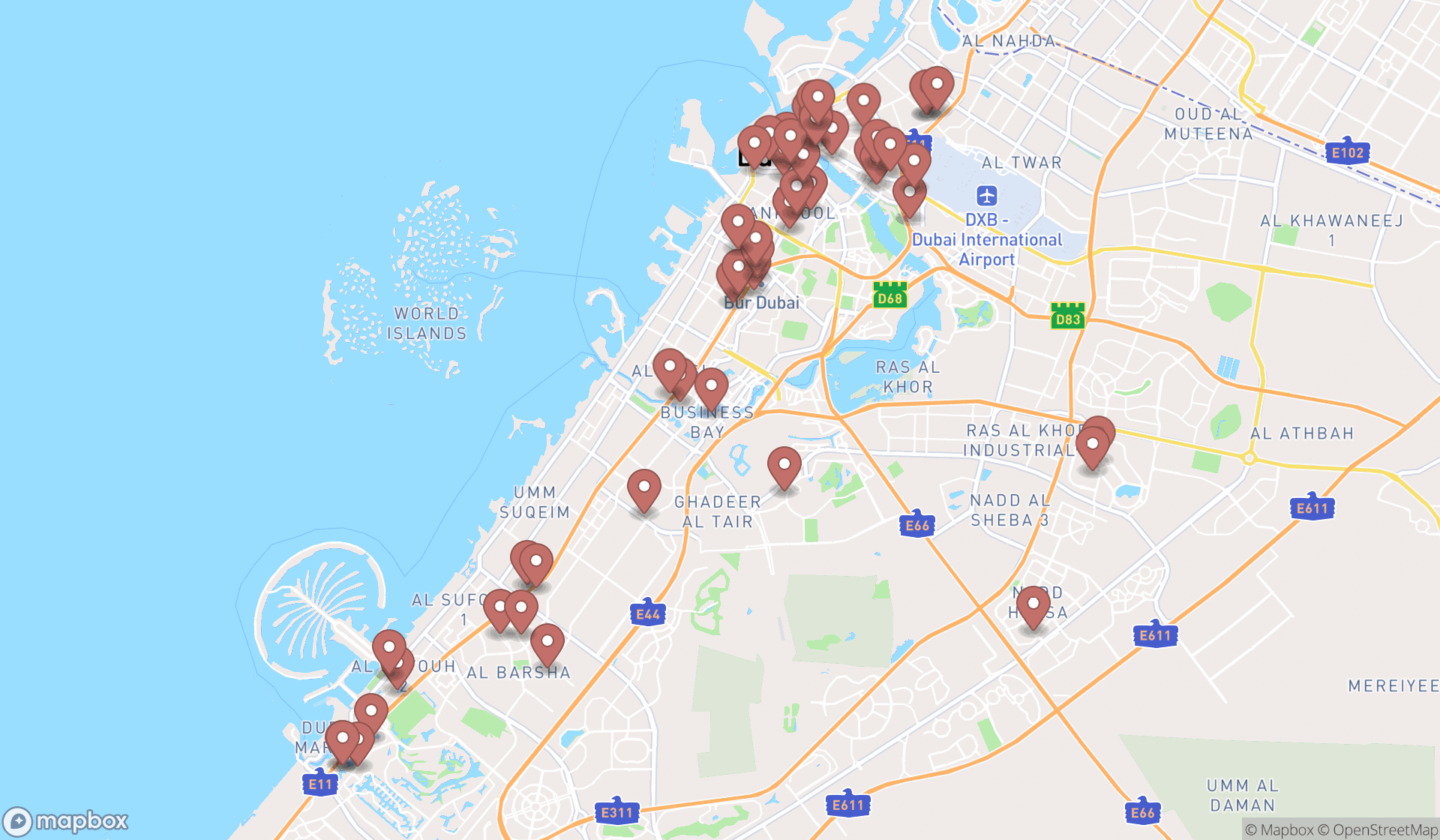 Map showing the search results in Dubai