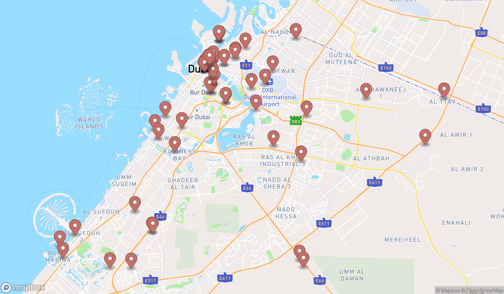 Map showing the search results in Dubai