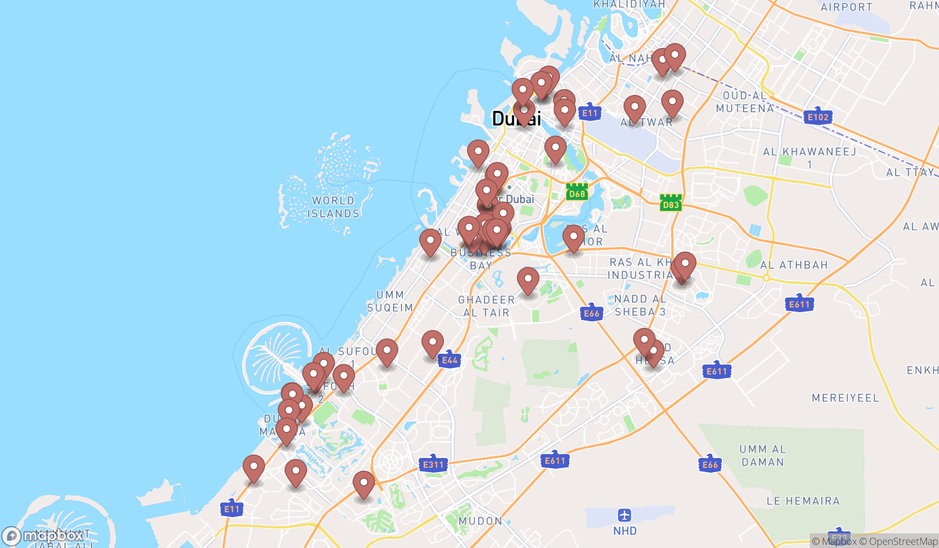 Map showing the search results in Dubai
