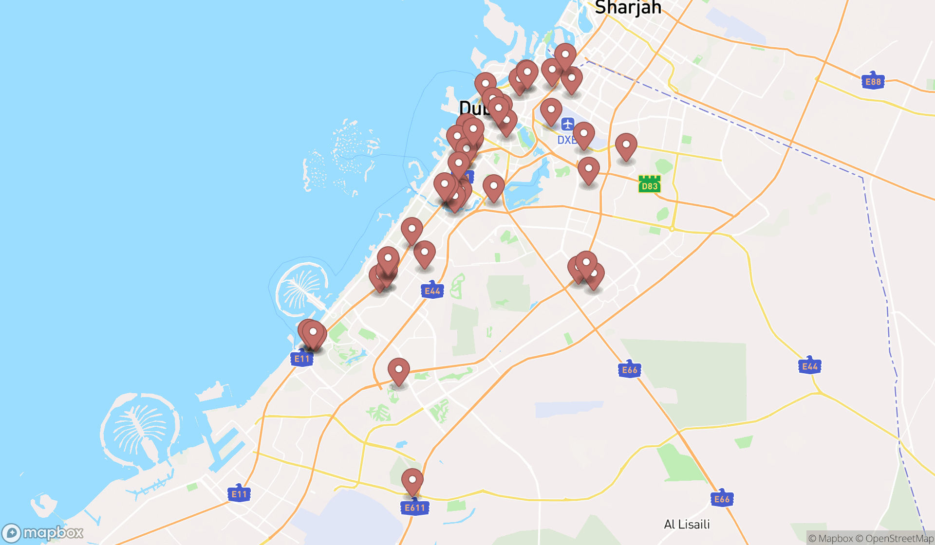 Map showing the search results in Dubai