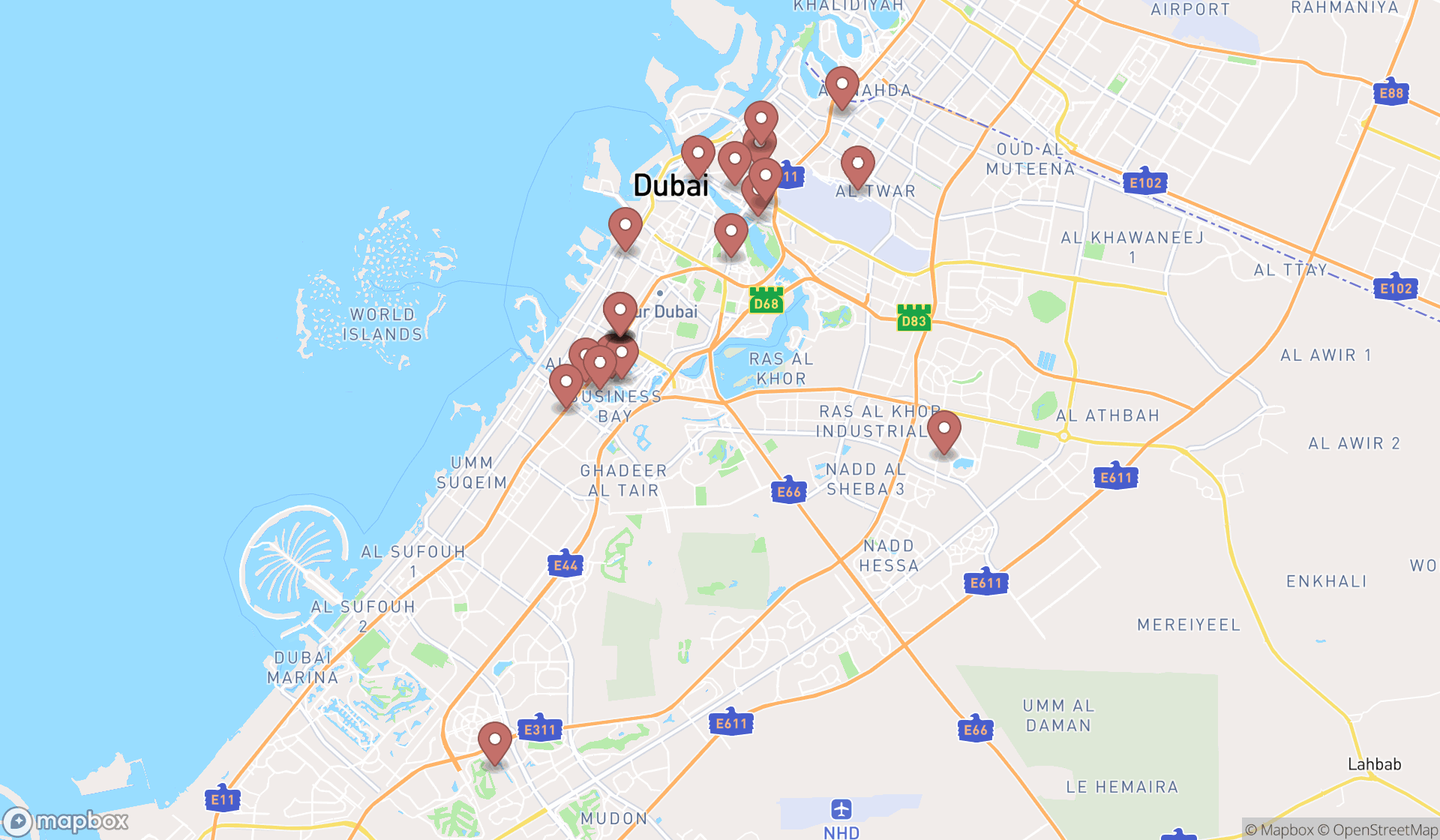 Map showing the search results in Dubai
